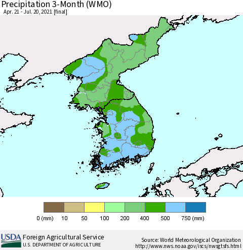 Korea Precipitation 3-Month (WMO) Thematic Map For 4/21/2021 - 7/20/2021