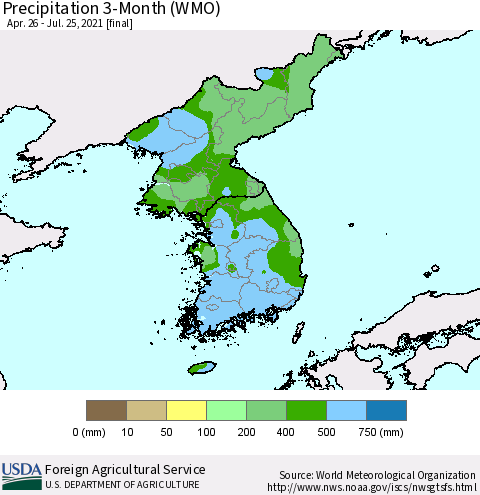Korea Precipitation 3-Month (WMO) Thematic Map For 4/26/2021 - 7/25/2021