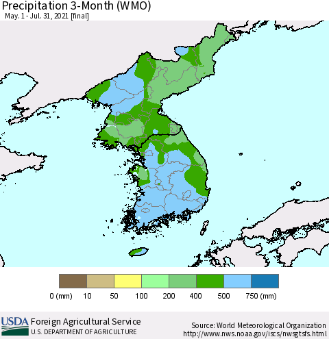 Korea Precipitation 3-Month (WMO) Thematic Map For 5/1/2021 - 7/31/2021