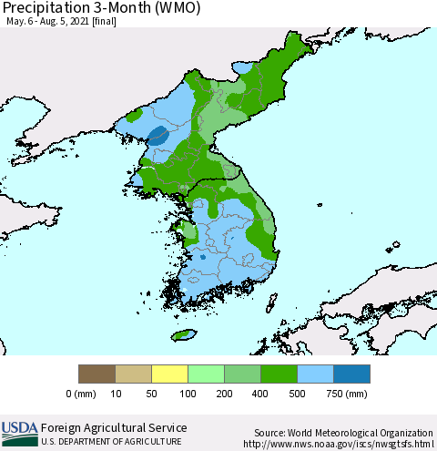 Korea Precipitation 3-Month (WMO) Thematic Map For 5/6/2021 - 8/5/2021