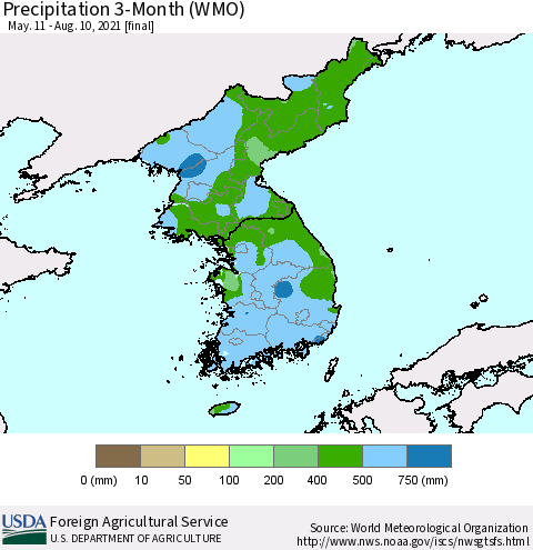 Korea Precipitation 3-Month (WMO) Thematic Map For 5/11/2021 - 8/10/2021