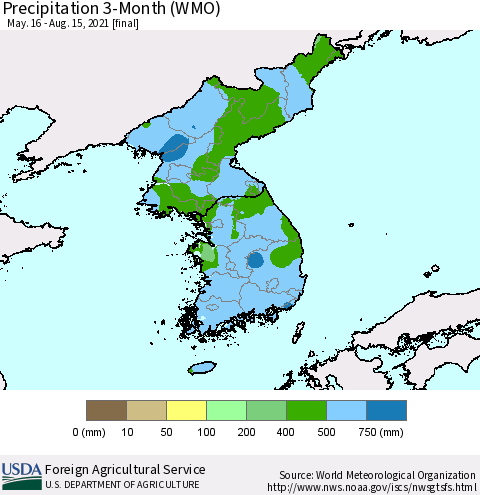 Korea Precipitation 3-Month (WMO) Thematic Map For 5/16/2021 - 8/15/2021
