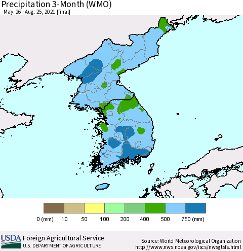 Korea Precipitation 3-Month (WMO) Thematic Map For 5/26/2021 - 8/25/2021