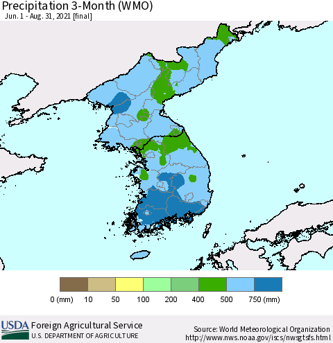 Korea Precipitation 3-Month (WMO) Thematic Map For 6/1/2021 - 8/31/2021