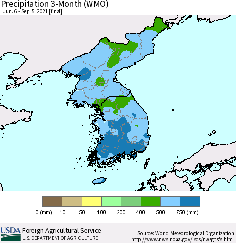 Korea Precipitation 3-Month (WMO) Thematic Map For 6/6/2021 - 9/5/2021