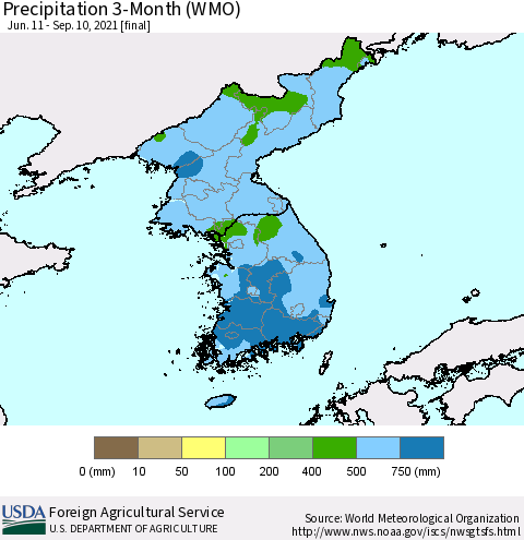 Korea Precipitation 3-Month (WMO) Thematic Map For 6/11/2021 - 9/10/2021