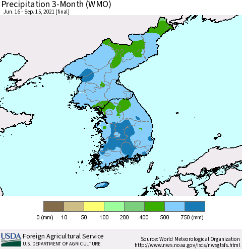 Korea Precipitation 3-Month (WMO) Thematic Map For 6/16/2021 - 9/15/2021