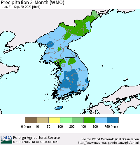 Korea Precipitation 3-Month (WMO) Thematic Map For 6/21/2021 - 9/20/2021