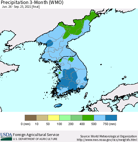 Korea Precipitation 3-Month (WMO) Thematic Map For 6/26/2021 - 9/25/2021