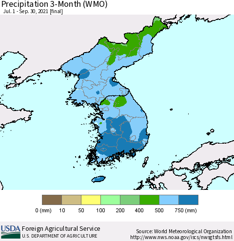 Korea Precipitation 3-Month (WMO) Thematic Map For 7/1/2021 - 9/30/2021