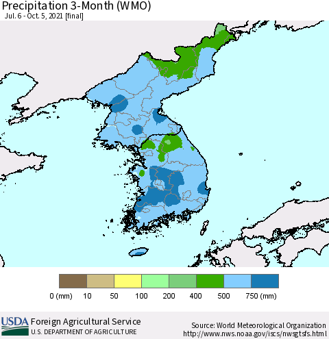 Korea Precipitation 3-Month (WMO) Thematic Map For 7/6/2021 - 10/5/2021