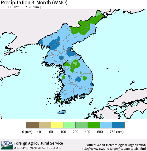 Korea Precipitation 3-Month (WMO) Thematic Map For 7/11/2021 - 10/10/2021