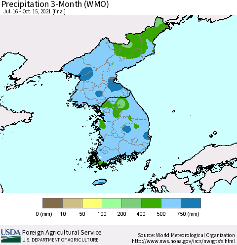 Korea Precipitation 3-Month (WMO) Thematic Map For 7/16/2021 - 10/15/2021