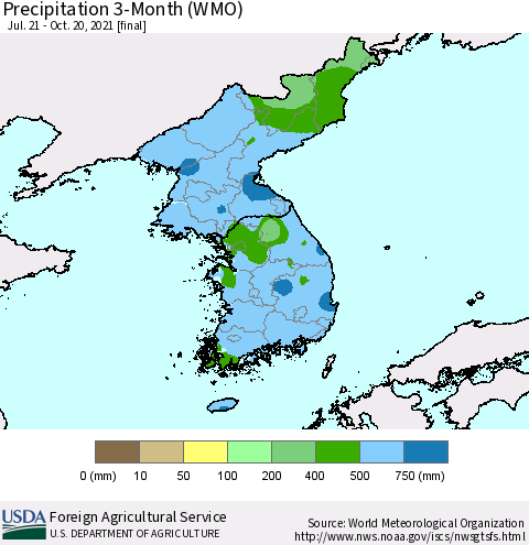 Korea Precipitation 3-Month (WMO) Thematic Map For 7/21/2021 - 10/20/2021