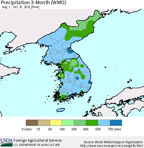Korea Precipitation 3-Month (WMO) Thematic Map For 8/1/2021 - 10/31/2021