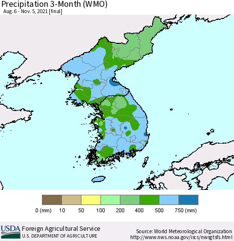 Korea Precipitation 3-Month (WMO) Thematic Map For 8/6/2021 - 11/5/2021