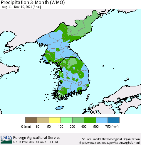 Korea Precipitation 3-Month (WMO) Thematic Map For 8/11/2021 - 11/10/2021