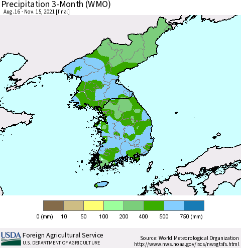 Korea Precipitation 3-Month (WMO) Thematic Map For 8/16/2021 - 11/15/2021