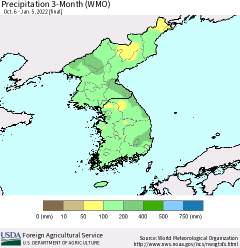 Korea Precipitation 3-Month (WMO) Thematic Map For 10/6/2021 - 1/5/2022