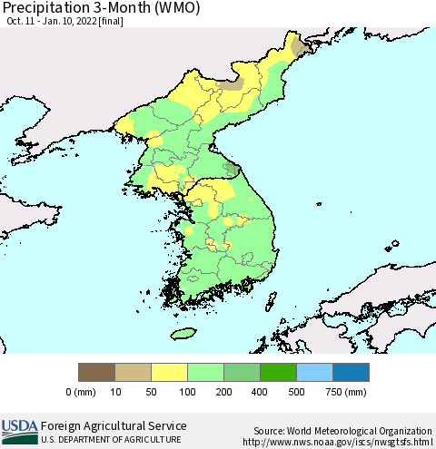 Korea Precipitation 3-Month (WMO) Thematic Map For 10/11/2021 - 1/10/2022