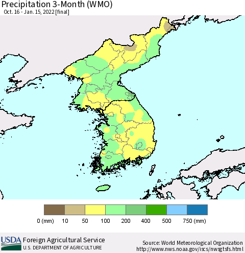 Korea Precipitation 3-Month (WMO) Thematic Map For 10/16/2021 - 1/15/2022