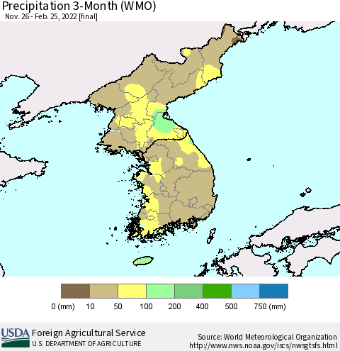 Korea Precipitation 3-Month (WMO) Thematic Map For 11/26/2021 - 2/25/2022
