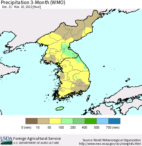 Korea Precipitation 3-Month (WMO) Thematic Map For 12/21/2021 - 3/20/2022