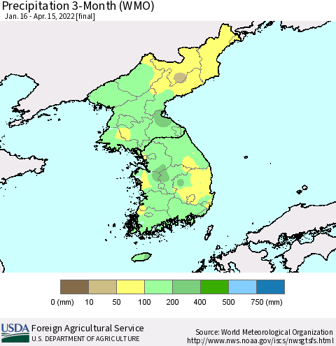 Korea Precipitation 3-Month (WMO) Thematic Map For 1/16/2022 - 4/15/2022