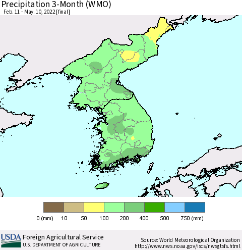 Korea Precipitation 3-Month (WMO) Thematic Map For 2/11/2022 - 5/10/2022