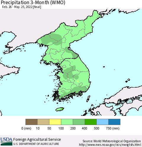 Korea Precipitation 3-Month (WMO) Thematic Map For 2/26/2022 - 5/25/2022