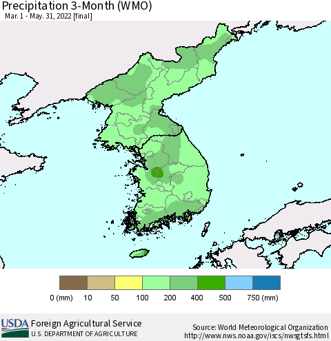 Korea Precipitation 3-Month (WMO) Thematic Map For 3/1/2022 - 5/31/2022