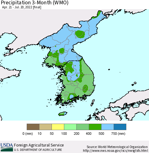 Korea Precipitation 3-Month (WMO) Thematic Map For 4/21/2022 - 7/20/2022