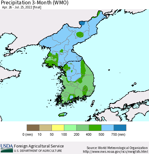 Korea Precipitation 3-Month (WMO) Thematic Map For 4/26/2022 - 7/25/2022