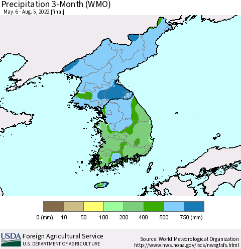 Korea Precipitation 3-Month (WMO) Thematic Map For 5/6/2022 - 8/5/2022