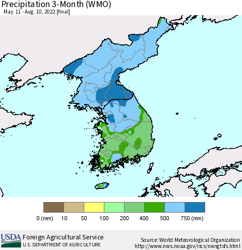 Korea Precipitation 3-Month (WMO) Thematic Map For 5/11/2022 - 8/10/2022
