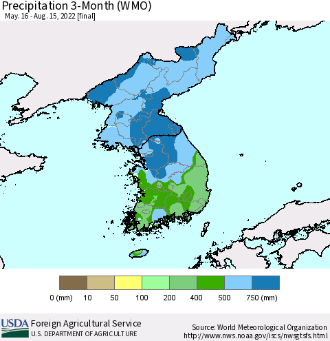 Korea Precipitation 3-Month (WMO) Thematic Map For 5/16/2022 - 8/15/2022