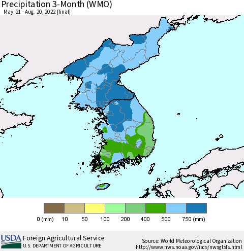 Korea Precipitation 3-Month (WMO) Thematic Map For 5/21/2022 - 8/20/2022