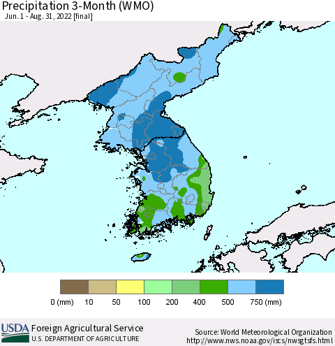 Korea Precipitation 3-Month (WMO) Thematic Map For 6/1/2022 - 8/31/2022