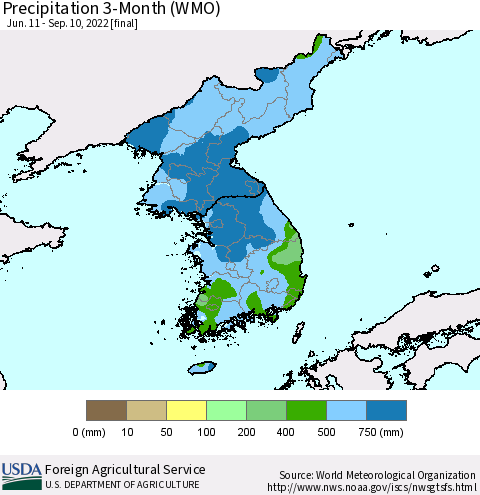 Korea Precipitation 3-Month (WMO) Thematic Map For 6/11/2022 - 9/10/2022