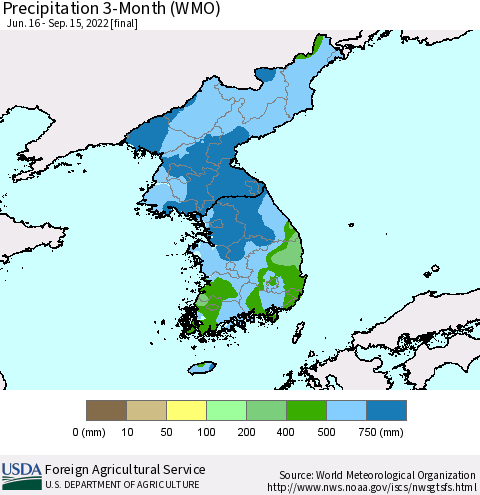 Korea Precipitation 3-Month (WMO) Thematic Map For 6/16/2022 - 9/15/2022
