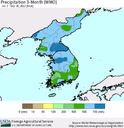 Korea Precipitation 3-Month (WMO) Thematic Map For 7/1/2022 - 9/30/2022