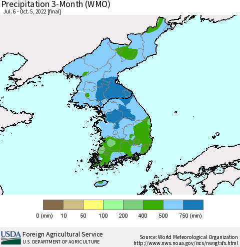 Korea Precipitation 3-Month (WMO) Thematic Map For 7/6/2022 - 10/5/2022