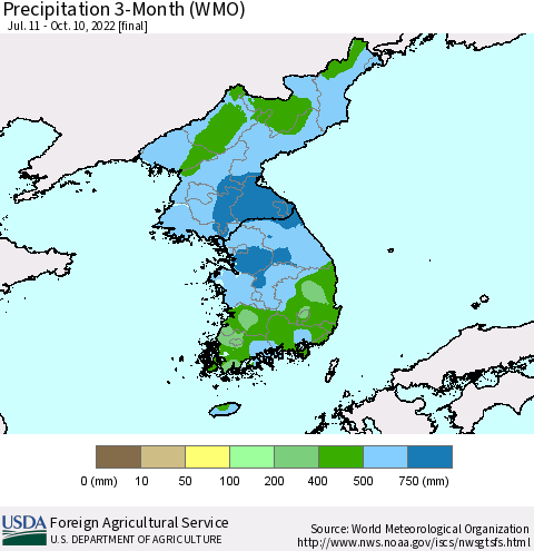 Korea Precipitation 3-Month (WMO) Thematic Map For 7/11/2022 - 10/10/2022