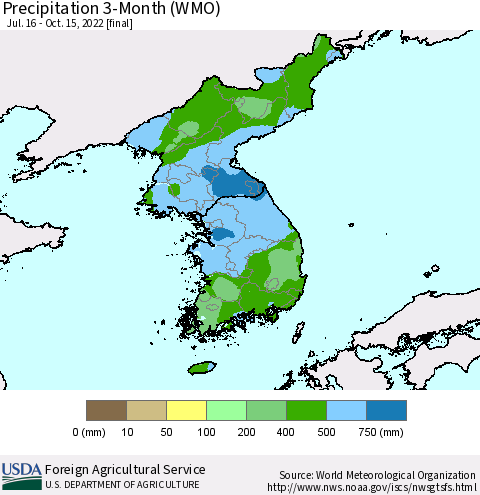 Korea Precipitation 3-Month (WMO) Thematic Map For 7/16/2022 - 10/15/2022