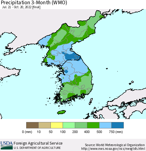 Korea Precipitation 3-Month (WMO) Thematic Map For 7/21/2022 - 10/20/2022