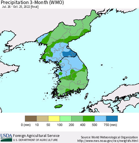 Korea Precipitation 3-Month (WMO) Thematic Map For 7/26/2022 - 10/25/2022