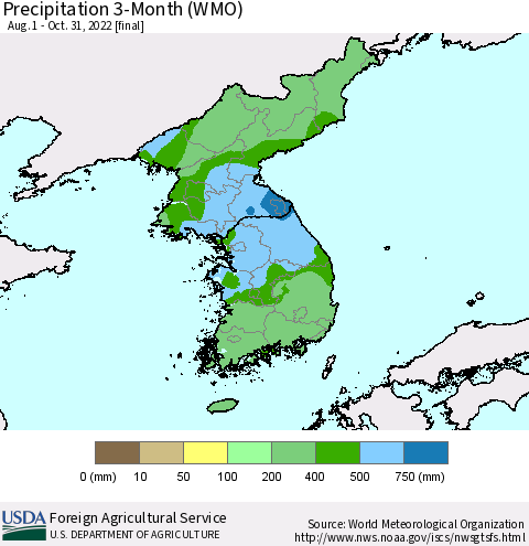 Korea Precipitation 3-Month (WMO) Thematic Map For 8/1/2022 - 10/31/2022