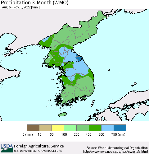 Korea Precipitation 3-Month (WMO) Thematic Map For 8/6/2022 - 11/5/2022