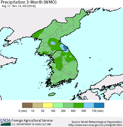 Korea Precipitation 3-Month (WMO) Thematic Map For 8/11/2022 - 11/10/2022