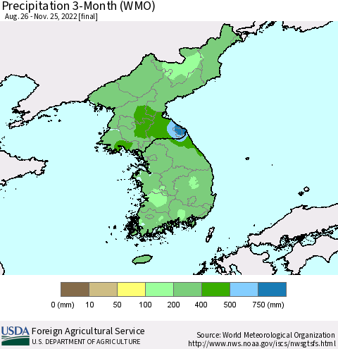 Korea Precipitation 3-Month (WMO) Thematic Map For 8/26/2022 - 11/25/2022